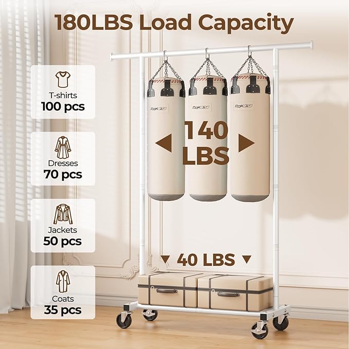 Clothes Rack, Clothing Rack for Hanging Clothes, Rolling Garment Rack Sturdy Coat Rack Portable Wardrobe Rack Metal Closet Rack for Bedroom Laundry Living Room, White