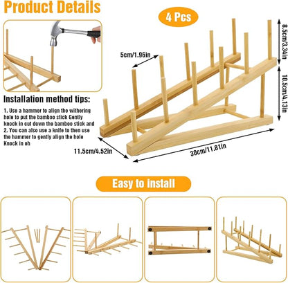 4 Pcs Wooden Dish Drying Rack, Bamboo Plate Dish Rack Stand for Kitchen Cabinet, Cabinet Cutting Board Display Stand for Dishes Plate Bowl Water Bottles Cup Pot Lid Cutting Board