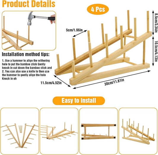 4 Pcs Wooden Dish Drying Rack, Bamboo Plate Dish Rack Stand for Kitchen Cabinet, Cabinet Cutting Board Display Stand for Dishes Plate Bowl Water Bottles Cup Pot Lid Cutting Board