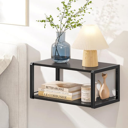 Floating Nightstand, Wood Bedside Shelf Wall Mounted Nightstand with Heavy-Duty Frame, Floating Bedside Table for Bedroom, Bathroom, Kitchen, (Vintage Black, 1 Pack)