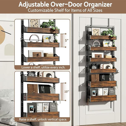 Over the Door Pantry Organizer: Pantry Organization and Storage with Hanging Basket - 6-Tier Adjustable Shelves Metal Spice Rack for Kitchen Laundry Room Bedroom & Bathroom