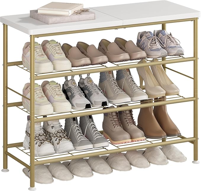 SUOERNUO Shoe Rack Organizer 4 Tier for Closet Entryway Free Standing Metal Storage Shoe Shelf with MDF Top Board，Gold