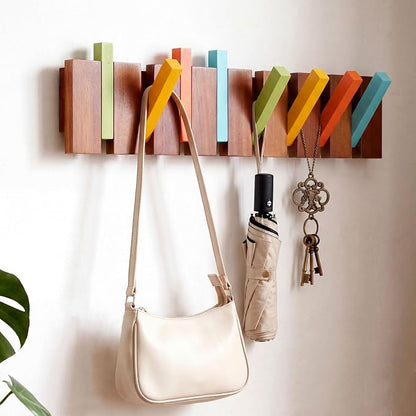 Youyole 1 Pcs Mid Century Modern Wooden Coat Hooks Wall Mounted Folding Coat Rack Hanger with 8 Hooks Heavy Duty Flip Down Piano Hat Rack for Hanging Coats Hats Home, 8 Hook