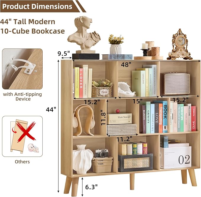 LEYAOYAO 10 Cube Bookshelf,3 Tier Modern Wide Bookcase with Legs,Mid-Century Wood Bookshelves Storage，Light Wood Large Book Case,Freestanding Organizer Display Shelf for Bedroom,Living Room,Office