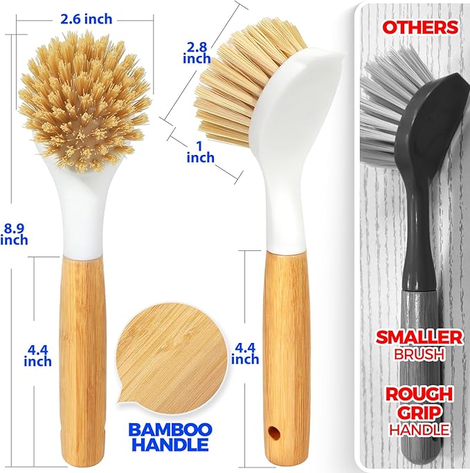 Holikme 3 Pack Dish Brush Set with Bamboo Handle, Kitchen Brushes for Cleaning Pot, Sink and Stove, Skillet Scrubber with Tough Bristles for Cast Iron Grill Pan, White Yellow Black