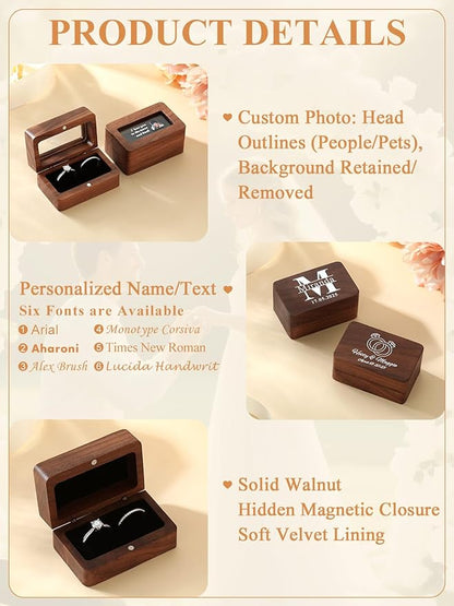 Custom4U Personalized Wooden Ring Box for Proposal Vintage Engagement Ring Bearer Box with Initial Wedding Jewelry Gift for Women