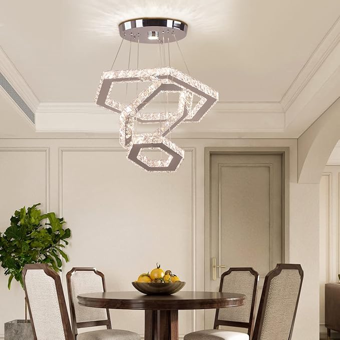 LED Chandeliers Dimmable Crystal Chandelier 3 Rings Modern Pendant Light Adjustable Stainless Steel Ceiling Light Fixture for Dining Room Bedroom Living Room