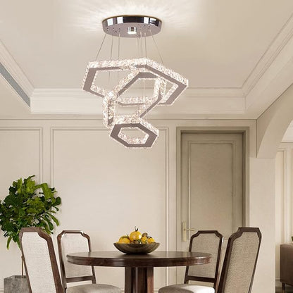 LED Chandeliers Dimmable Crystal Chandelier 3 Rings Modern Pendant Light Adjustable Stainless Steel Ceiling Light Fixture for Dining Room Bedroom Living Room