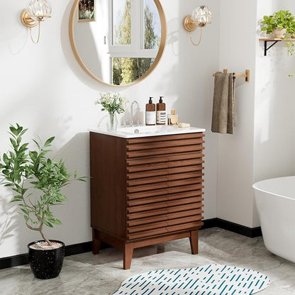 ROOMTEC 24" Walnut Modern Freestanding Bathroom Vanity Sink with Storage, 2 Levels, 2 Compartments, Undermount Ceramic Sink