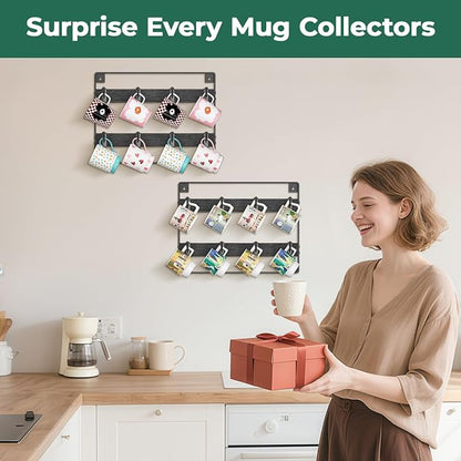 EsLuker.ly Mug Holder Hanger Rack Wall Mounted Wooden 2 Pack Coffee Cup Storage Organizer Display Shelf with 16 Movable Plastic Hooks, Ideal for Mug Collectors, Black