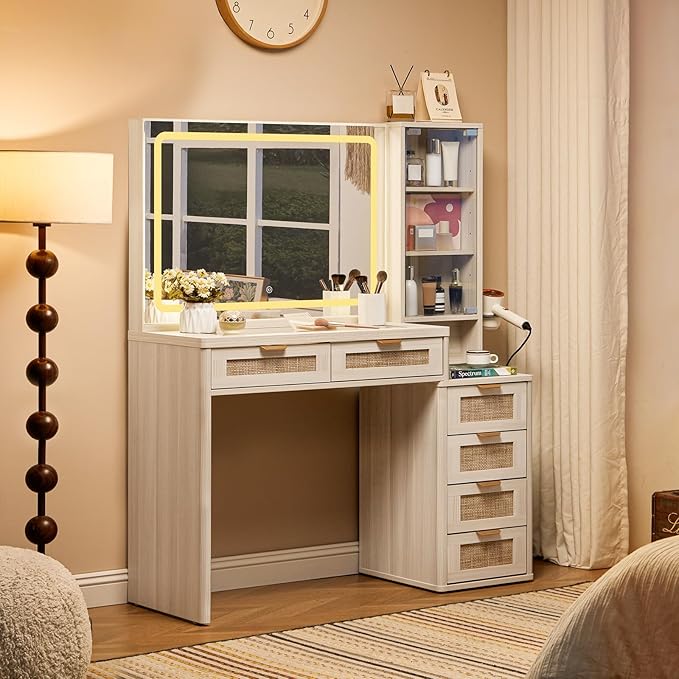 LEYAOYAO Rattan White Vanity Desk with Mirror and Lights, 43.5'' Boho Makeup Vanity with 6 Drawers and Adjustable Shelves, Make Up Vanity Dressing Table with Glass Top and Power Outlet for Bedroom