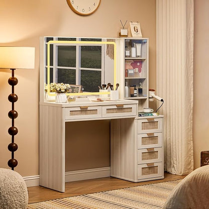 LEYAOYAO Rattan White Vanity Desk with Mirror and Lights, 43.5'' Boho Makeup Vanity with 6 Drawers and Adjustable Shelves, Make Up Vanity Dressing Table with Glass Top and Power Outlet for Bedroom