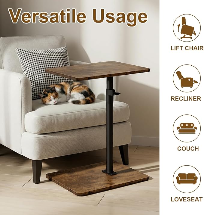 YUHFERA Sofa Armrest Tray Table for Couch - 360 Swivel Height Adjustable End Table for Small Spaces, Snack Side Table for Bed or Chair with Phone & Tablet Slot (Rustic, Enlarged)