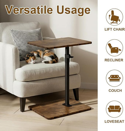 YUHFERA Sofa Armrest Tray Table for Couch - 360 Swivel Height Adjustable End Table for Small Spaces, Snack Side Table for Bed or Chair with Phone & Tablet Slot (Rustic, Enlarged)