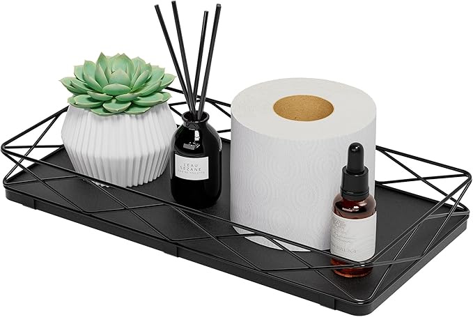 Toilet Paper Basket Holder, 13" Bathroom Tray Countertop, Wood and Metal Toilet Tank Tray Bathroom Vanity Organizer for Toiletry, Kitchen Sink Organizer for Soap Dispenser (Black)