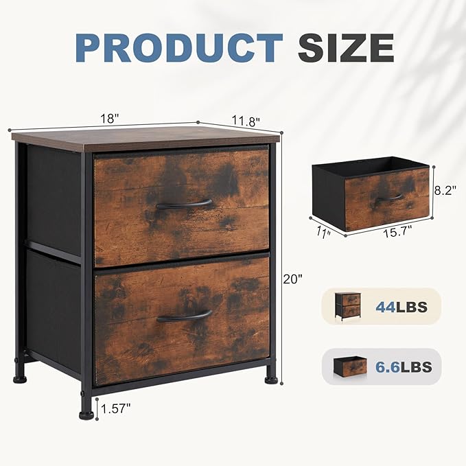 DUMOS Nightstand Small Dresser with 2 Fabric Drawers Side Bedroom End Table Kids Bedside Storage Furniture for 20 inch Tall Night Stand for Closet, Entryway, College Dorm, Rustic Brown