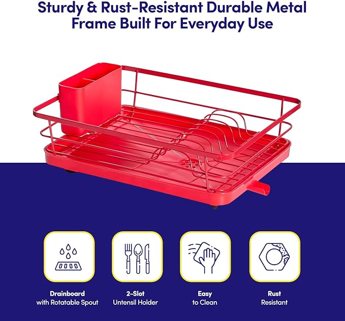 Dish Drying Rack 3 Piece Dish Drainer with Drainboard Set for Kitchen Counter ✅– Dish Rack with Removable Utensil Holder & Swivel Spout for Countertop ✅– DishRack for Plates, Cups & Organization, Red