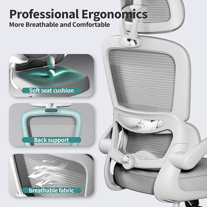 TRALT Office Chair Ergonomic Desk Chair, 330 LBS Home Mesh Office Desk Chairs with Wheels, Comfortable Gaming Chair, High Back Office Chair for Long Hours (Light Grey)