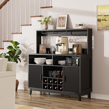 Fluted Buffet Cabinet with Storage, Modern Coffee Bar Cabinet with Outlet, Removable Wine Rack, Multi-Functional Accent Liquor Cabinet for Living Room, Entryway, Kitchen, Black