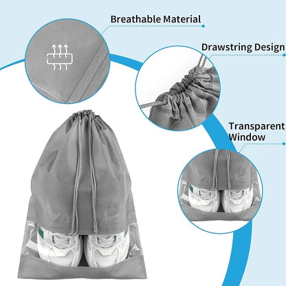 Large Gray Travel Shoe Bags - 10 Pcs with Clear Window, Non-Woven Drawstring, 12.6" X 17.3" for Men Women