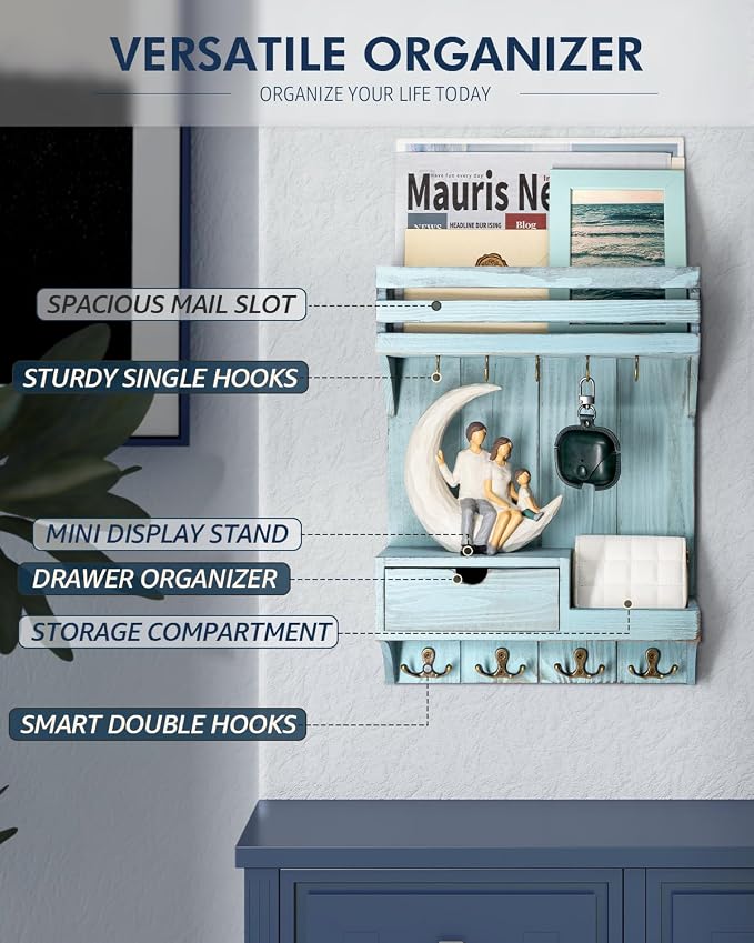 Rebee Vision Decorative Key Holder Wall Mount with Mini Drawer Organizer - Stylish Key Holder for Wall with Mail Organizer & 9 Key Hooks - Apartment Essentials for Home Decor (Blue)
