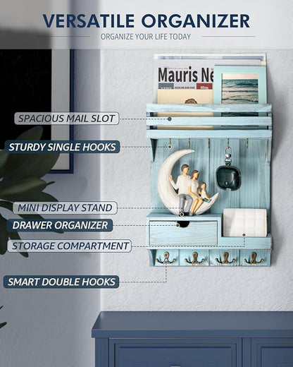 Rebee Vision Decorative Key Holder Wall Mount with Mini Drawer Organizer - Stylish Key Holder for Wall with Mail Organizer & 9 Key Hooks - Apartment Essentials for Home Decor (Blue)