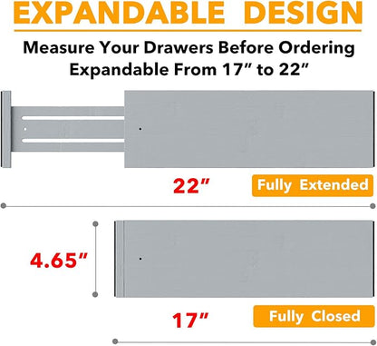 SpaceAid Bamboo Dresser Drawer Dividers 6 Pack, 4.65“ High Adjustable 17“-22” Drawer Organizers, Expandable Organization for Clothing, Clothes, Dressers, Gray