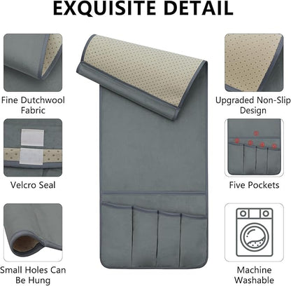 TV Remote Control Holder Couch Caddy, Non-slip Bedside Caddy Organizer with 5 Pockets for Key Glasses Phone Magazine Holders (Gray, 35"x12.4")