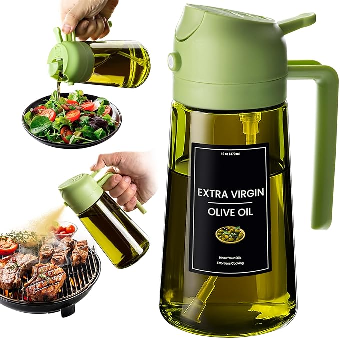 CXINYI - 16oz/470ml Olive Oil Dispenser for Kitchen with Stickers - 2 in 1 Olive Oil Sprayer for Cooking, Air Fryer, and Salad, Green (Light-Proof Kitchen Gadget)