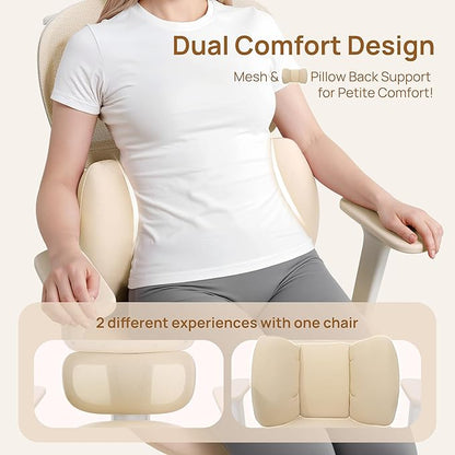 CabLady S1 Petite Ergonomic Office Chair Design with Detachable Pillow Lumbar Cushion, Coat Hanger, 2D Headrest & PU Armrests, Cloud Seat & Footrest Cute Desk Chair for Women Girls