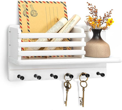 Rebee Vision Farmhouse Pine Wood Key Holder Wall Mount - Key Holder for Wall with Storage Shelf & 6 Hooks - Decorative Mail Organizer with Round Corner for Home Decor (White)