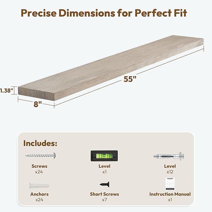 Vivelove Elm Wood Floating Shelves, Wooden Shelves for Wall with Invisible Bracket for Living Room Bedroom Bathroom Office Book, Rustic Farmhouse Decor Storage & Display, 55 Inch Set of 1- Grey