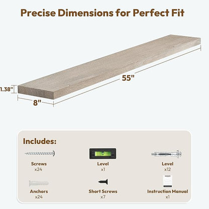 Vivelove Elm Wood Floating Shelves, Wooden Shelves for Wall with Invisible Bracket for Living Room Bedroom Bathroom Office Book, Rustic Farmhouse Decor Storage & Display, 55 Inch Set of 1- Grey