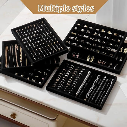 Large Velvet Jewelry Tray 2 Pack Stackable Jewelry Display Drawer Inserts Trays Organizer for Earring Bracelet Necklace Ring (Black, 48 Grids)