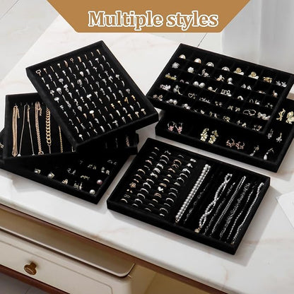 Large Velvet Jewelry Tray 2 Pack Stackable Jewelry Display Drawer Inserts Trays Organizer for Earring Bracelet Necklace Ring (Black, 12 Grids)