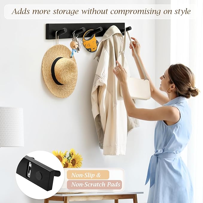 Coat Rack Wall Mount, Wooden Coat Hanger with 5 Hooks, Heavy Duty, Black, 1 Pcs