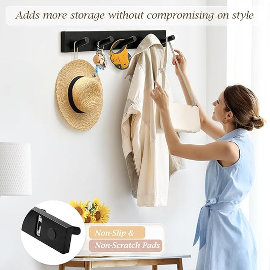 Coat Rack Wall Mount, Wooden Coat Hanger with 5 Hooks, Heavy Duty, Black, 1 Pcs