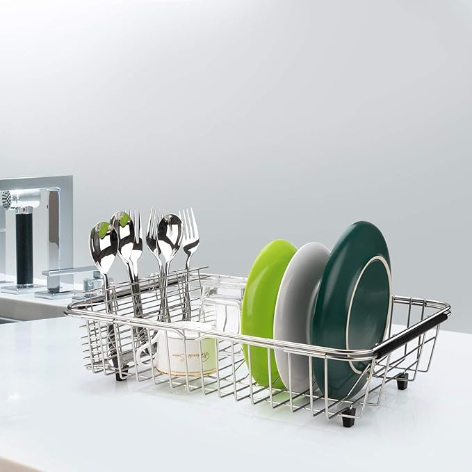 Slideep Expandable Dish Drying Rack, Stainless Steel Over The Sink Dish Rack, in Sink or On Counter Dish Drainer with Stainless Steel Removable Utensil Holder