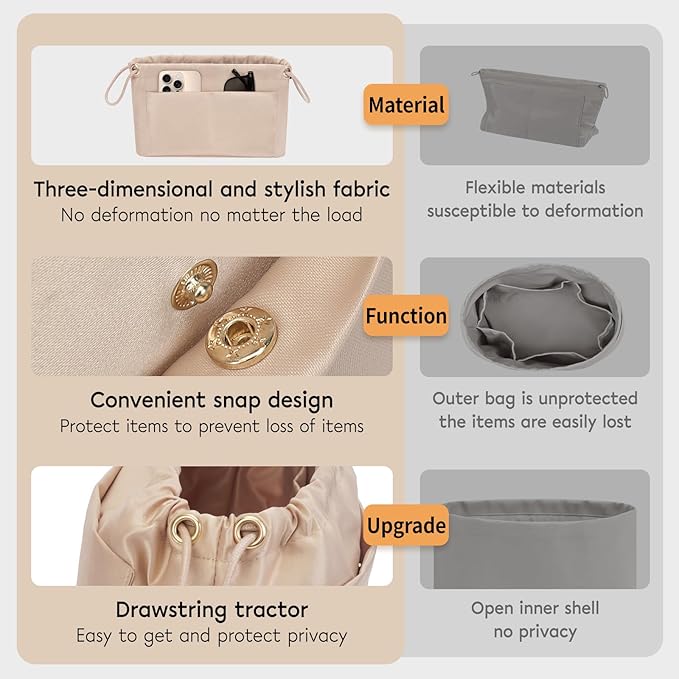GIVLEFLY Purse Organizer Insert with Multiple Pockets, Drawstring Satin Tote Bag Organizer,Light Weight Purse Liner with Zipper Pocket Fit for Longchamp Hobo,Neverful and More (Beige,Large)