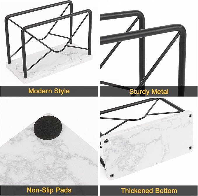 Modern Mail Holder for Home Office, Metal Letter Organizer Sorter for Desk, Cutout Mail Envelope Design, Bill Filling Paper Document Rack, Envelope Storage Rack with Marble Base (Black)