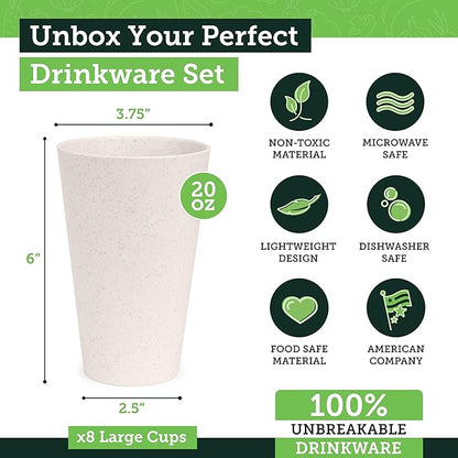 Grow Forward Premium Wheat Straw Cups - 20 oz Unbreakable BPA Free Hard Plastic Cups - Reusable Lightweight Plastic Drinking Glasses for Kitchen, Outdoor, Water, Camping, RV - Sahara