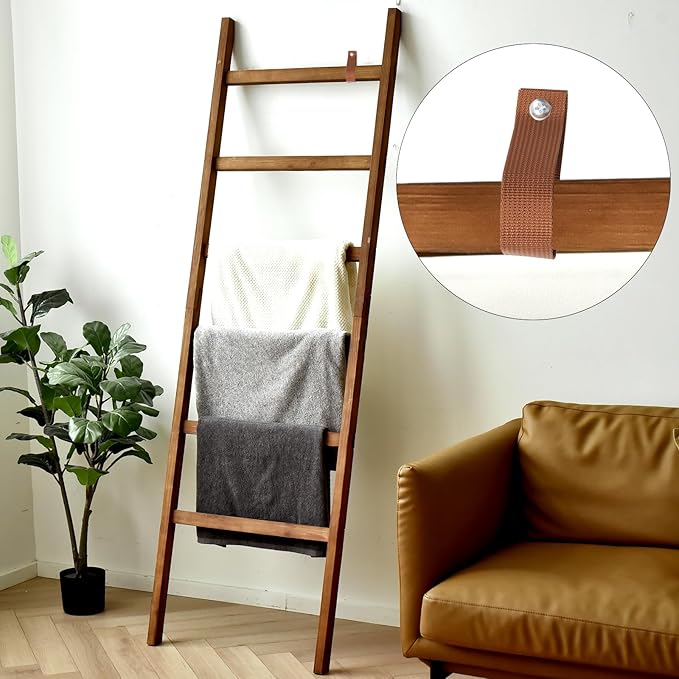 FUIN 6.4ft Extra Wide Wooden Blanket Ladder Living Room Decorative Wal Leaning Farmhouse Quilt Display Holder Rustic Wood Towel Rack for Bathroom, Brown, 24 inch Wide