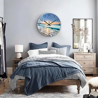 Blue Beach Wall Clock for Bedroom Glass Wall Clocks Battery Operated 12 Inch Analog Wall Clock Silent