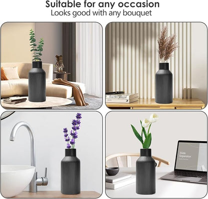 Bohemian Black Ceramic Vase - for Pampas Grass, Mantel, Bookshelf, Entryway and Living Room Decor (Black, 8in)