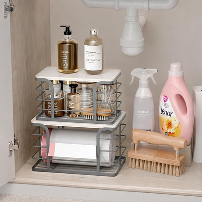 2 Pack Trash Bag Holder,Stackable Storage Kitchen Laundry Organizers with Bamboo Top,Garbage Bag Dispenser for Countertop Organization,Gray
