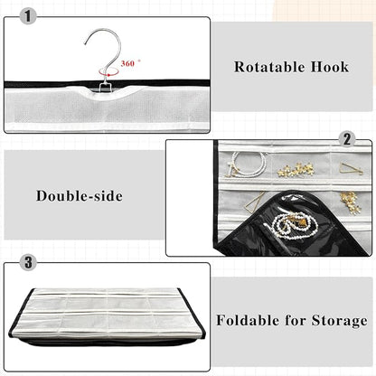 2 Pack Hanging Jewelry Organizer 80-Pocket Dual-sided Jewelry Storage for Earring Necklace Bracelet Ring Travel Holder, Black and White