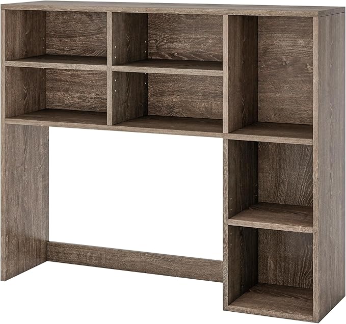 Desk Hutch, Desktop Shelf with 7 Shelves, Desk Bookshelf w/Anti-Toppling Devices, Wood Table Top Bookshelf Organizer, Small Desk Shelf for Study, Office, Dorm (Grey, 7 Shelves)