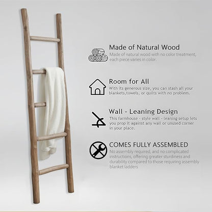 Wooden Blanket Ladder Natural & Motley Wood - Leaning Wall Decor for Bedroom, Bathroom, Living Room - Rustic Quilt Holder & Towel Rack (Natural Wood Brown, 57in | Fully Assembled)
