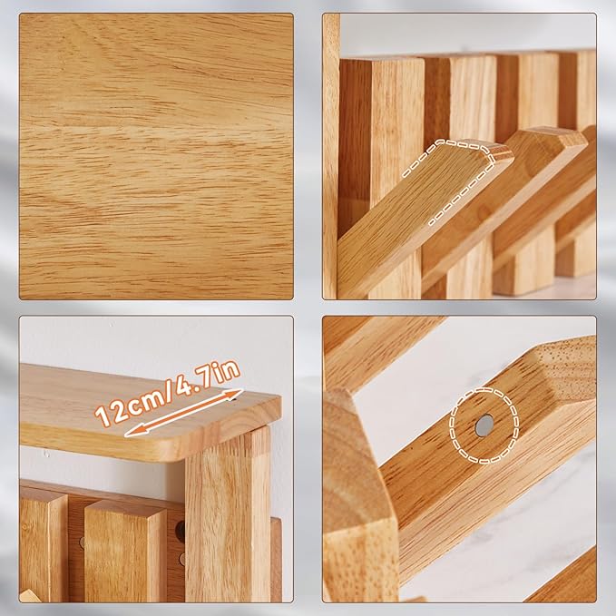YMYNY Coat Rack Wall Mount with Shelf, Wall Shelf with Retractable Hooks, Wooden Wall Coat Rack for Hanging Clothes/Coats/Keys/Hats/Towels/Bags, Natural, HWS008N