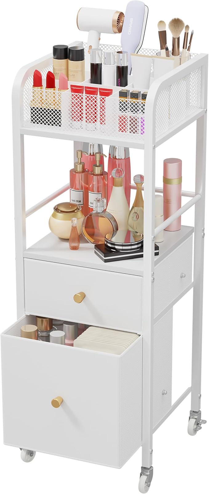 HapiRm Rolling Makeup Cart Organizer - Floor Skincare Make Up Storage with 2 Non-woven Fabric Drawers, Vanity Organizer Cosmetic Display Cases Holder for Skin Care Perfume Nail Polish Brush Hair Tool